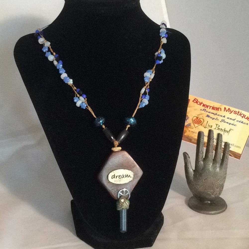 Lamp work beads on hemp with Blue Tourmaline Rod
